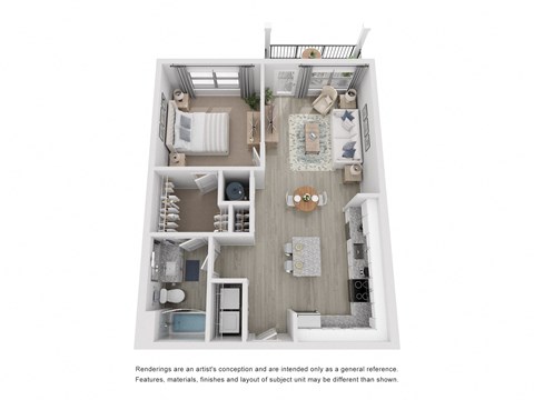 a stylized floor plan with a bedroom and a living room